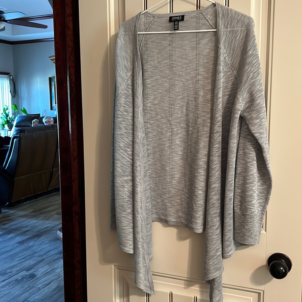 Jones New York asymetrical, light blue/grey cardigan.